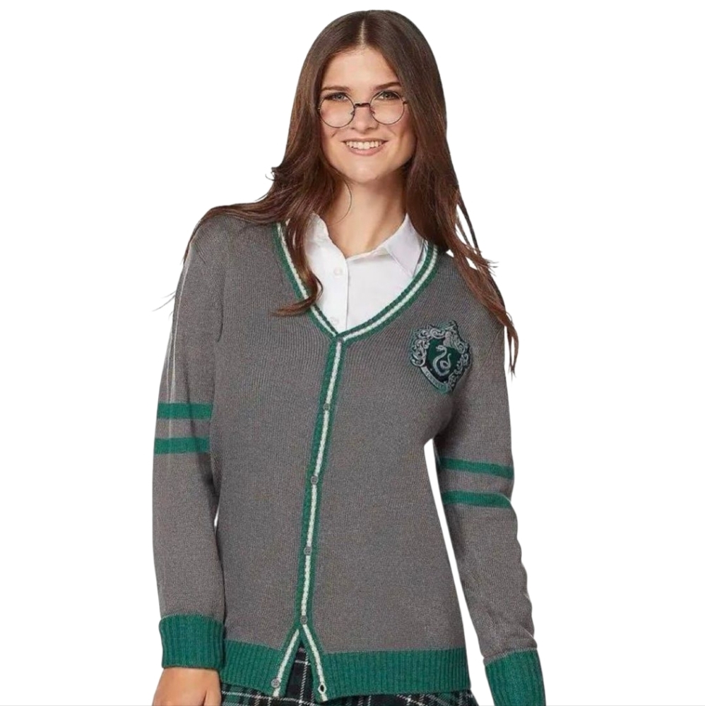 Slytherin V-Neck Cardigan Sweater - Gray/Green